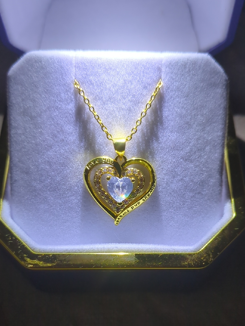 Gold Heart Pendant Necklace with Clear Crystal Accent - Women Jewelry